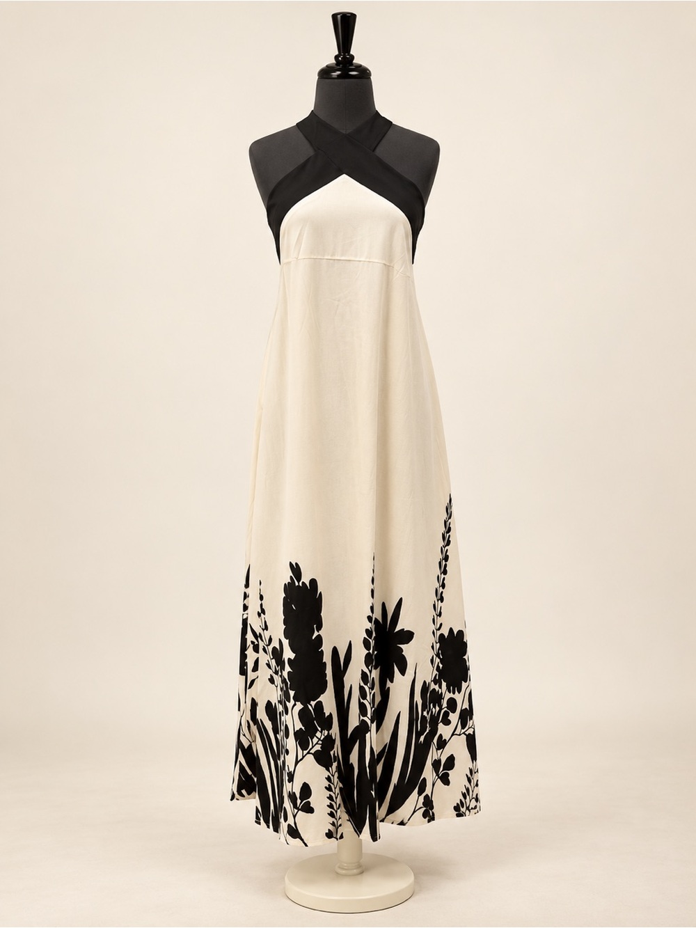 Commense Black & Cream Floral Halter Maxi Dress